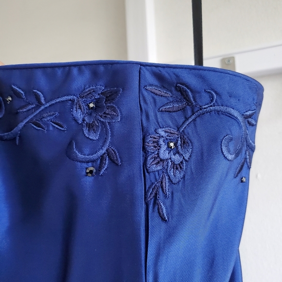 Embroidered Royal Blue Full Length Formal Strapless Dress - Picture 9 of 12